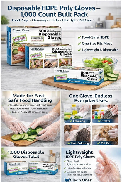 Disposable HDPE Poly xtiTS Gloves, One Size Fits All, 500 Count (2 Pack)