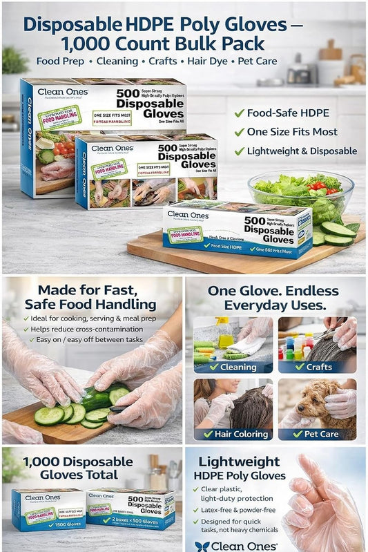 Disposable HDPE Poly xtiTS Gloves, One Size Fits All, 500 Count (2 Pack)