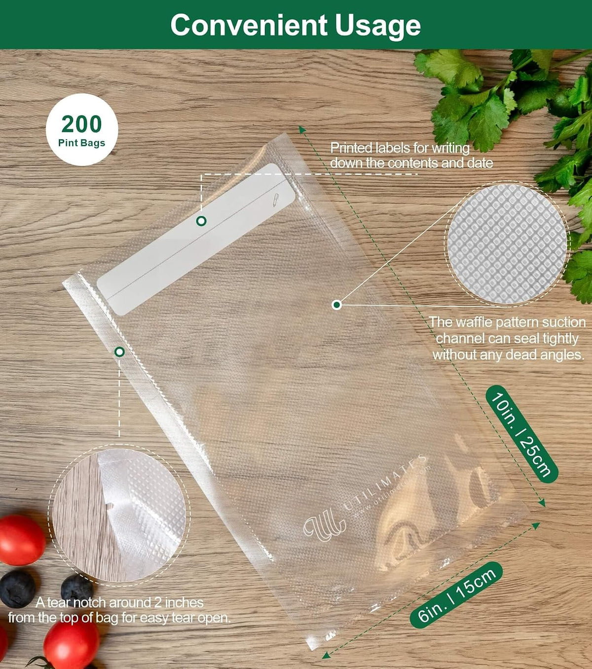 Pint Vacuum Sealer Bags for Food, 6x10 Inch with Label Area, 200