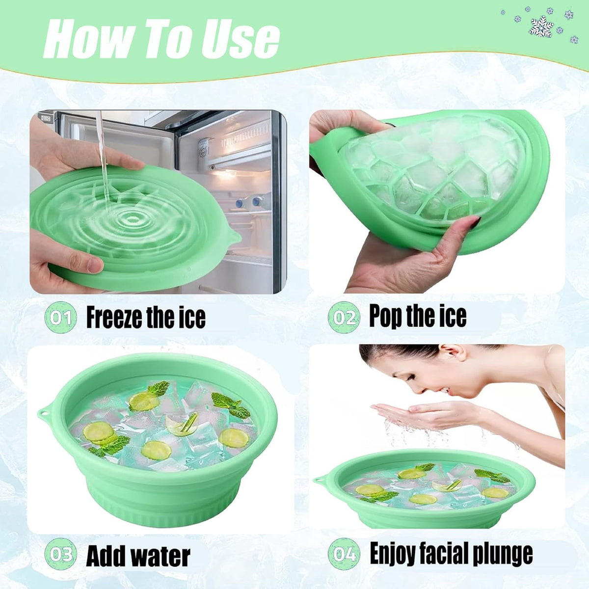 Foldable Face Ice Bath Bowl with Built-In Ice Tray (Green).