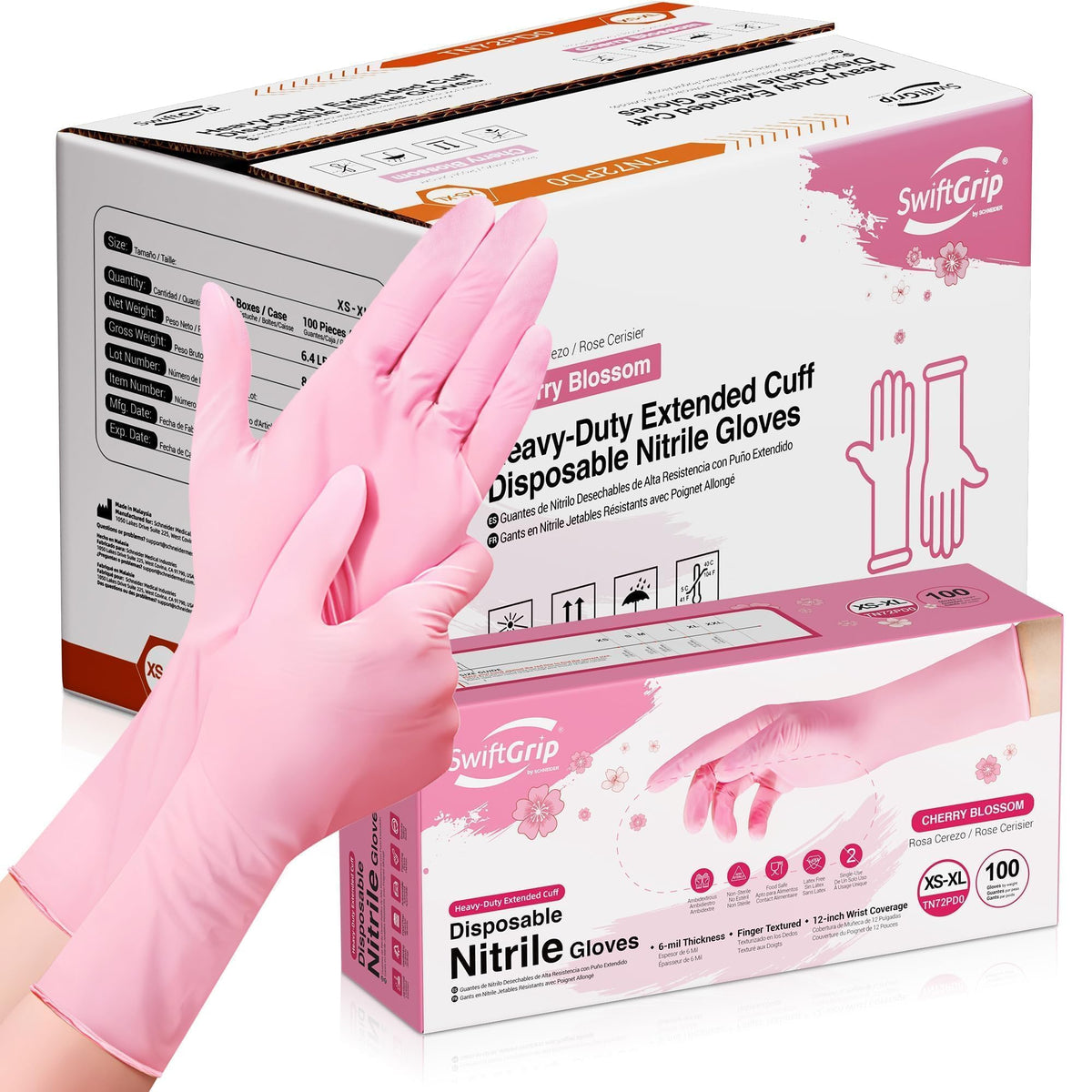 SwiftGrip Disposable Nitrile Dishwashing Gloves, Extended 12 Inches Cuff, 6-mil, Cherry Blossom Cleaning Gloves, Latex-Free