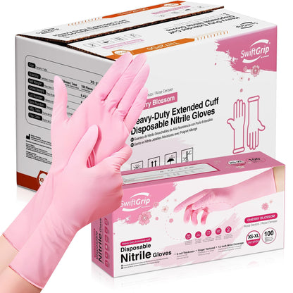 SwiftGrip Disposable Nitrile Dishwashing Gloves, Extended 12 Inches Cuff, 6-mil, Cherry Blossom Cleaning Gloves, Latex-Free