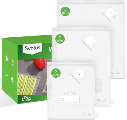 Syntus 60 Pcs Reusable Vacuum Sealer Bags for Food, S+M+L