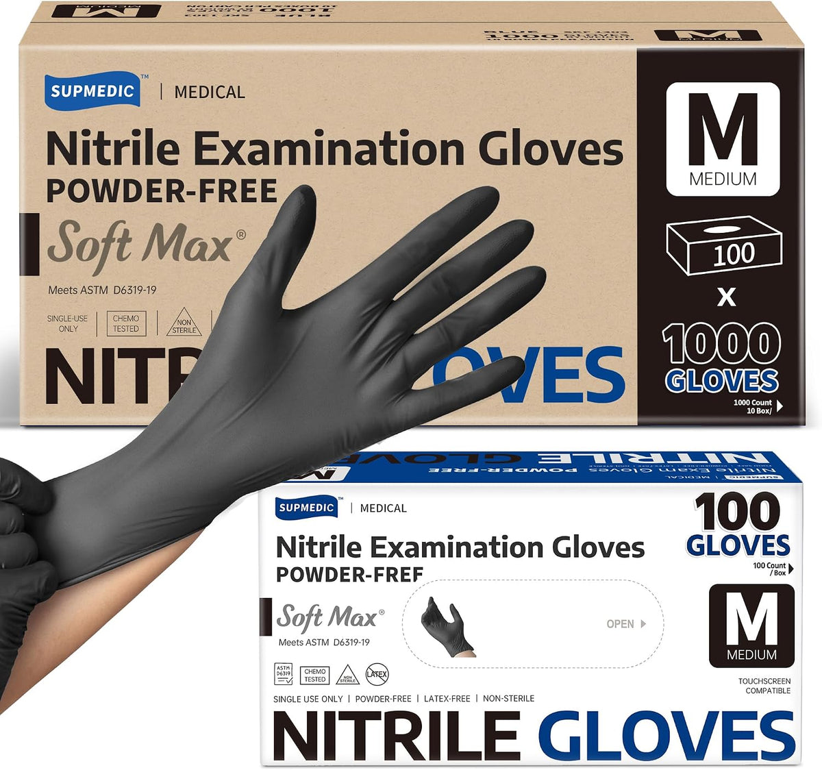 Supmedic Soft Max Disposable Nitrile Exam Gloves, Powder-Free Black 1000 Ct