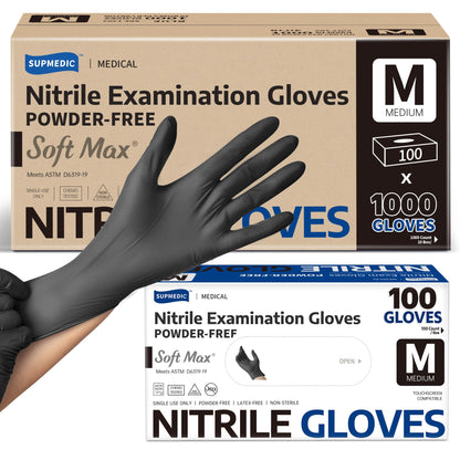 Supmedic Soft Max Disposable Nitrile Exam Gloves, Powder-Free Black 1000 Ct
