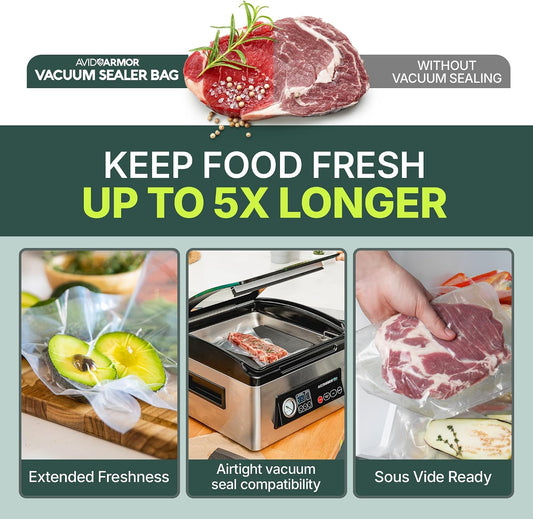Avid Armor 300 CT Chamber Vacuum Sealer Bags for USV32 – Assorted Sizes (6x10", 8x12", 10x13"), BPA-Free, Reusable, for Food Storage, Sous Vide, and Freezer Preservation
