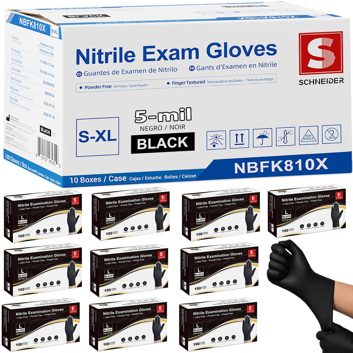 Schneider Black Nitrile Gloves, Gloves Disposable Latex Free, Powder Free
