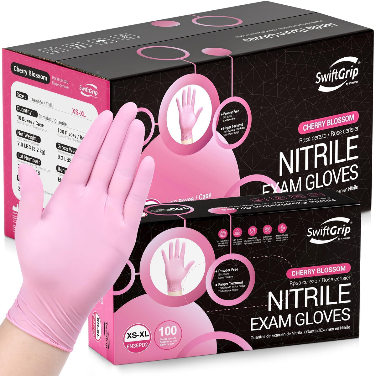 SwiftGrip Pink Nitrile Gloves, 3-mil, Industrial Gloves Disposable Latex Free, for Cleaning & Esthetician, Rubber Powder-Free, 100-ct Box (Medium)