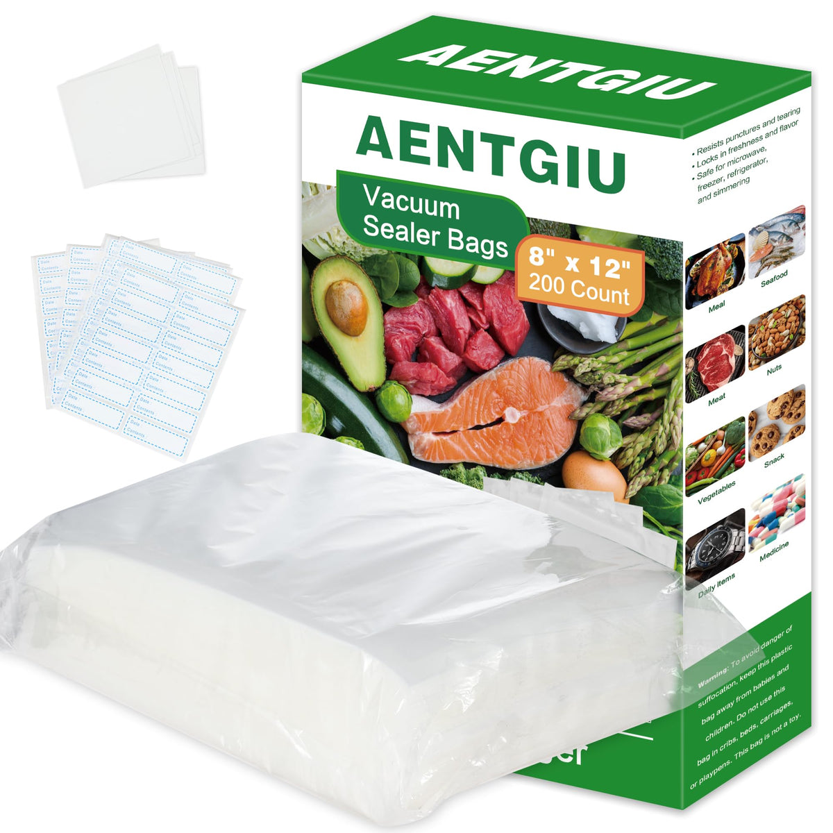 AENTGIU 200 Precut Vacuum Sealer Bags For Food, 8x12 Inch Thick BPA-Free