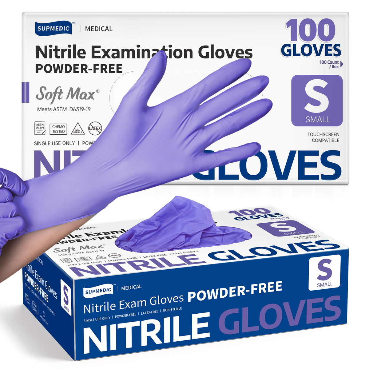 Supmedic Medical Soft Max Nitrile Disposable Gloves Powder-Free, Violet 100