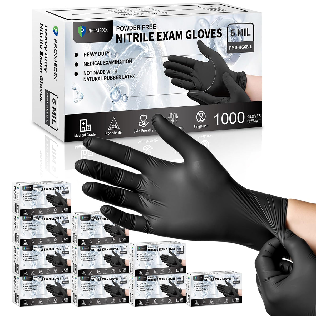 PROMEDIX P Black Disposable Nitrile Gloves, 6Mil 100 Pcs Food Safe Cooking Gloves Latex Free Rubber Gloves for Cleaning Exam