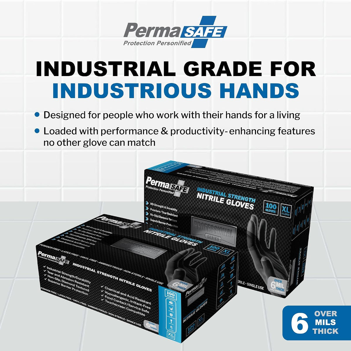 PermaSafe Black Nitrile Gloves | Heavy Duty 6+ Mil Industrial Grade Protection | Powder and Latex-Free Nitrile Disposable Gloves with Raised Textured Grip | Ideal for Mechanics, Construction & More