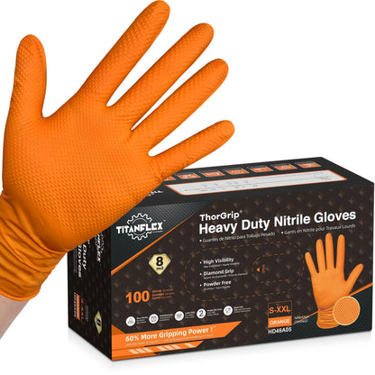 TitanFlex Heavy Duty Industrial Orange Nitrile Gloves, 8-mil, Gloves Disposable Latex Free with Raised Diamond Texture Grip, Powder Free, Rubber Glove, Mechanic Gloves,100-ct Box (Large)