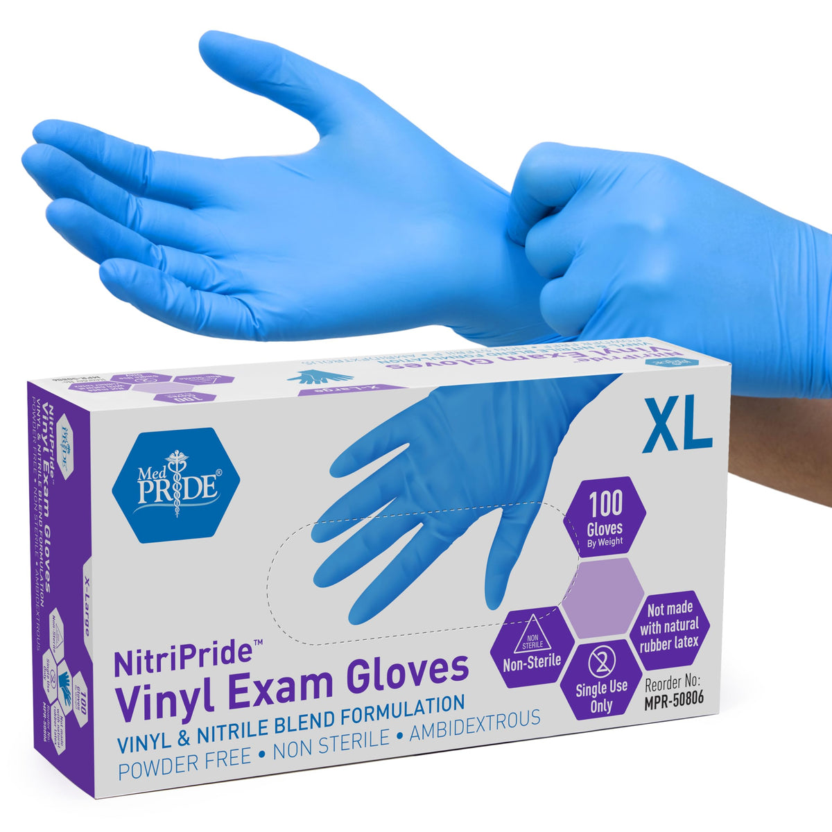 MED PRIDE Nitrile/Vinyl Blend Exam Gloves,Powder-Free,Blue,X-Large,100-Ct