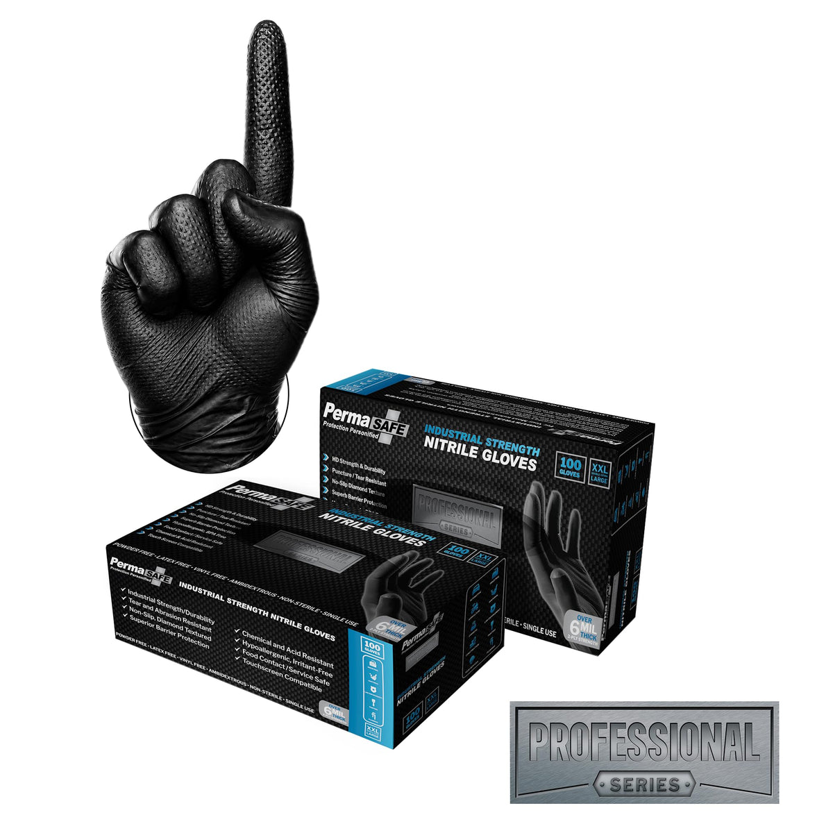 PermaSafe Black Nitrile Gloves | Heavy Duty 6+ Mil Industrial Grade Protection | Powder and Latex-Free Nitrile Disposable Gloves with Raised Textured Grip | Ideal for Mechanics, Construction & More