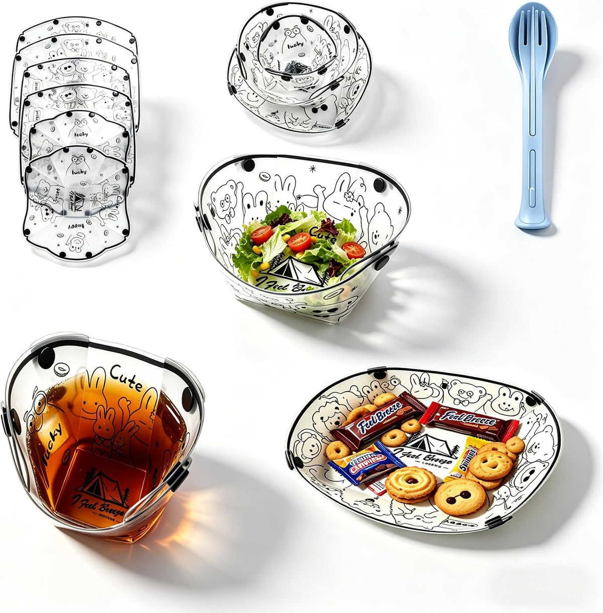 Collapsible Camping Tableware Set - 6 Pack Foldable Cups, Bowls & Plates Combo with Utensils, Lightweight, Portable, Easy to Clean & Heat Resistant for Picnic, Hiking, Travel, RV