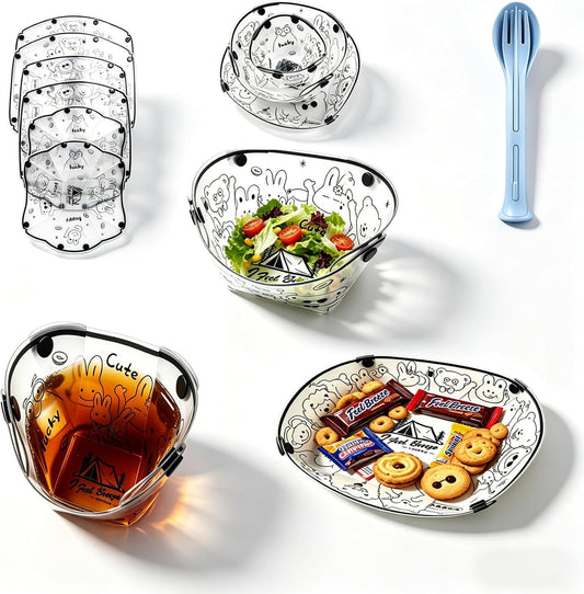Collapsible Camping Tableware Set - 6 Pack Foldable Cups, Bowls & Plates Combo with Utensils, Lightweight, Portable, Easy to Clean & Heat Resistant for Picnic, Hiking, Travel, RV