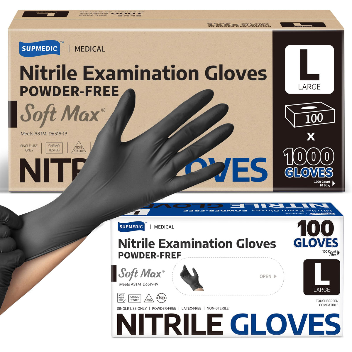 Supmedic Soft Max Disposable Nitrile Exam Gloves, Powder-Free Black 1000 Ct