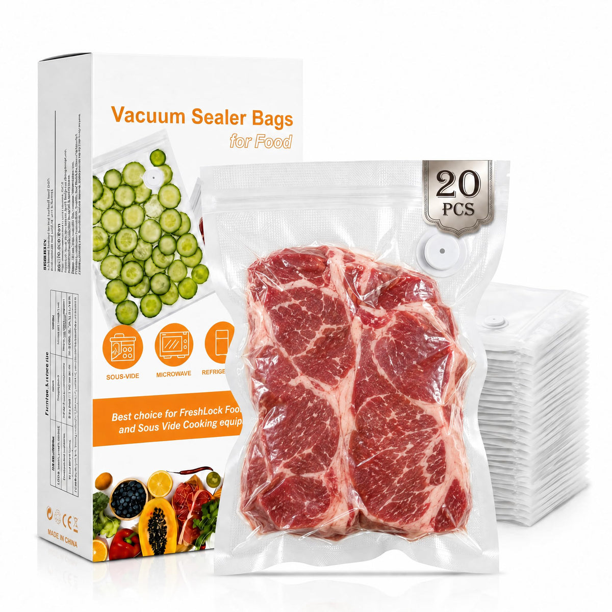 ZKIRON Wide Large Reusable Vacuum Sealer Bags for Food, 20 Pack, 12"x14"