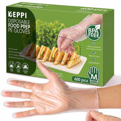Keppi 600 Pack Disposable Food Prep Gloves – Clear Polyethylene, Latex- BPA & Powder-Free – Bulk Kitchen Gloves for Cooking, Catering, BBQ, Baking, Restaurant Food Handling