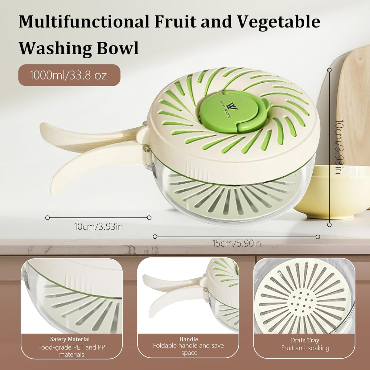 Fruit Washing Bowl with Strainer and Lid with Handle, Portable Strainers and Colander for Kitchen, Vegetable Wash Drain Basket, 3 in 1 Berry Fruit Storage Containers for Fridge Kitchen Picnic Outdoor