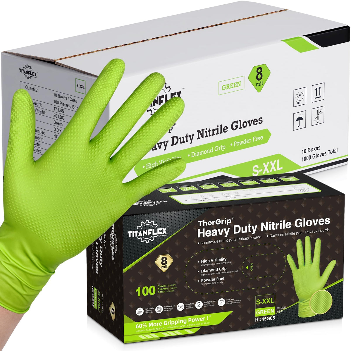 TitanFlex Heavy Duty Industrial Nitrile Gloves with Raised Diamond Texture, 8-mil, Latex Free (Green/Dark Green/Yellow)