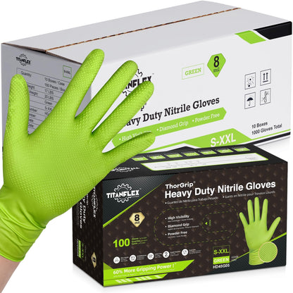 TitanFlex Heavy Duty Industrial Nitrile Gloves with Raised Diamond Texture, 8-mil, Latex Free (Green/Dark Green/Yellow)