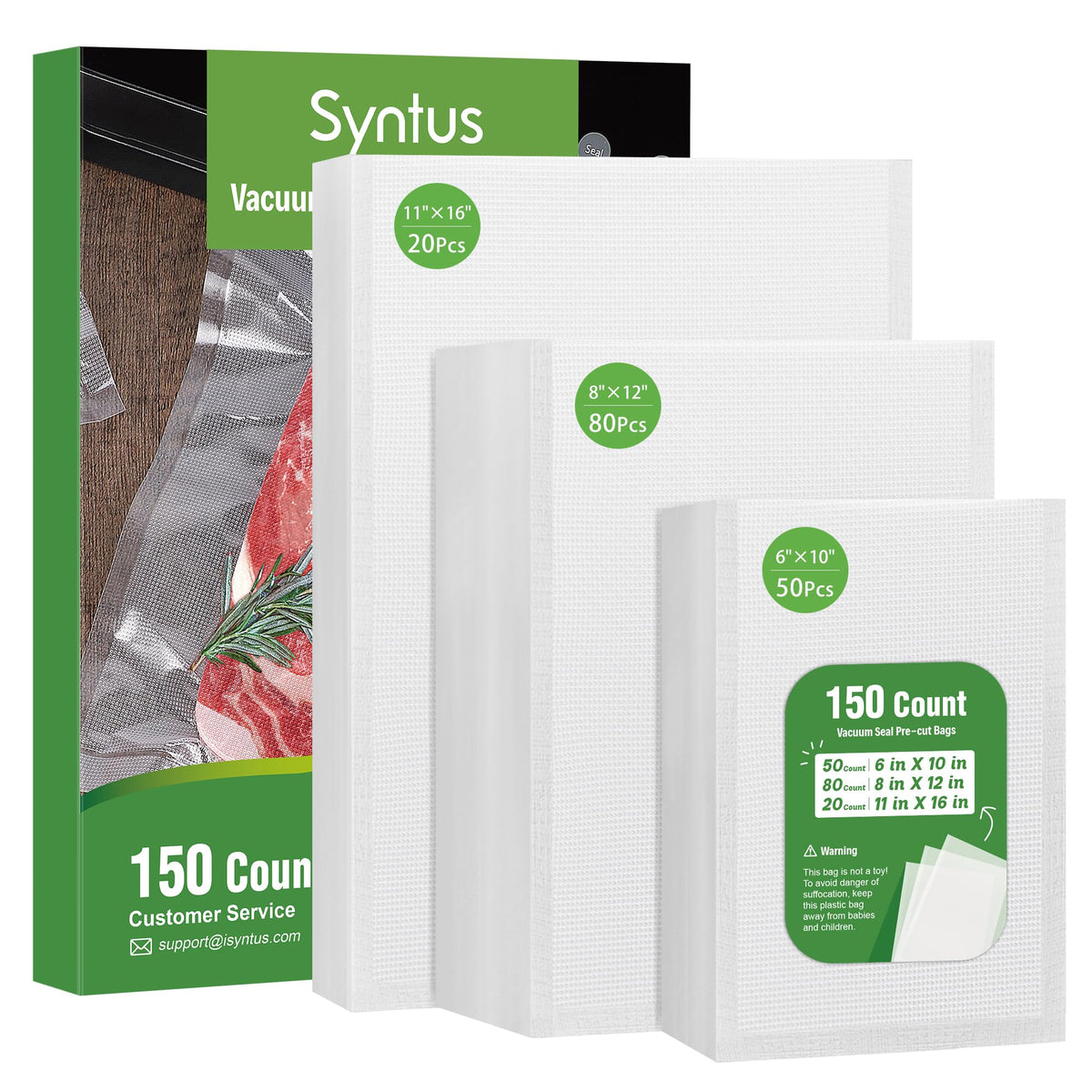 Syntus 150 Pcs Vacuum Sealer Bags for Food, 8x12+11x16+6x10, BPA Free