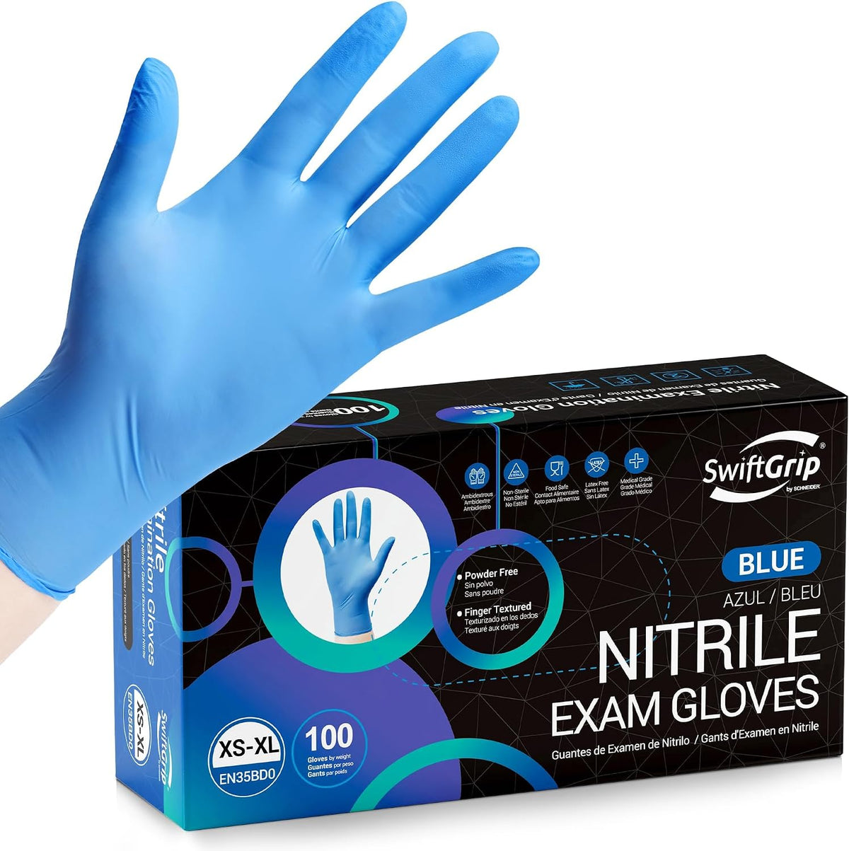 SwiftGrip Disposable Nitrile Exam Gloves, Blue, Latex Free, Medical Gloves for Cleaning, Food-Safe, Powder Free, Non-Sterile