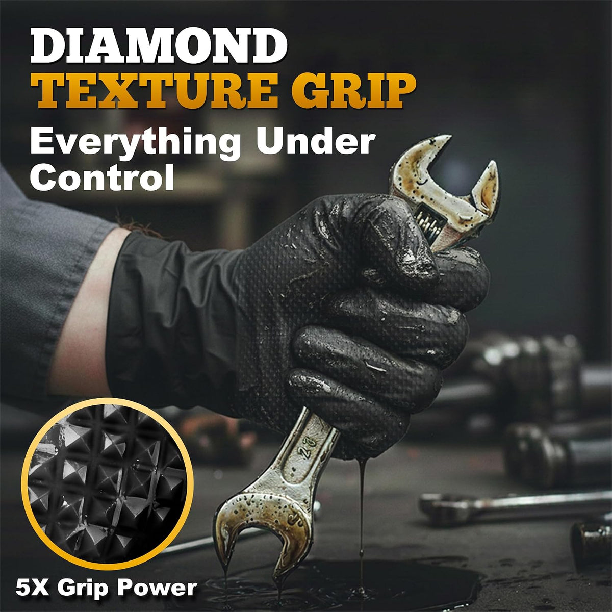 TitanFlex Heavy Duty Black Industrial Nitrile Gloves with Raised Diamond Texture, Latex Free 8mil