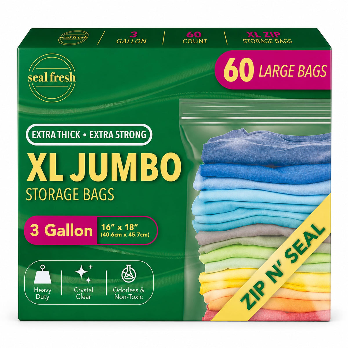 Seal Fresh 3 Gallon Large Plastic Storage Bags - 16 x 18 Inch (15 Count) - Reusable Write-On XXL Extra Large Big Oversized Clear Jumbo Zip Top Bags with Sealable Zipper for Clothes, Travel, Moving