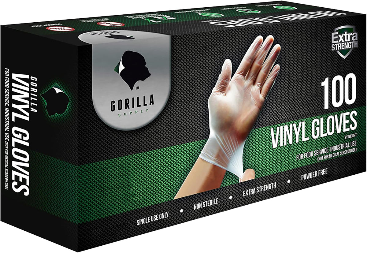 GORILLA SUPPLY Disposable Heavy Duty Vinyl Gloves Latex & Powder Free, BPA Free Food Safe, 100, 300, 1000, S, M, L, XL