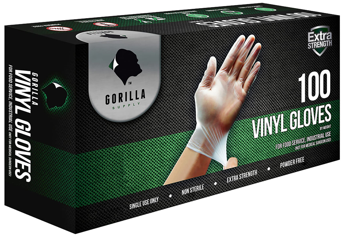 GORILLA SUPPLY Disposable Heavy Duty Vinyl Gloves Latex & Powder Free, BPA Free Food Safe, 100, 300, 1000, S, M, L, XL