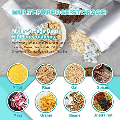 100pcs Mylar Bags for Food Storage 12 Mil Thick with 150x400cc Oxygen Absorbers & Labels, 3 Sizes (1 Gallon, 1 Quart, 1/2 Pint) - Stand-Up, Resealable & Heat Sealable for Long Term Food Storage