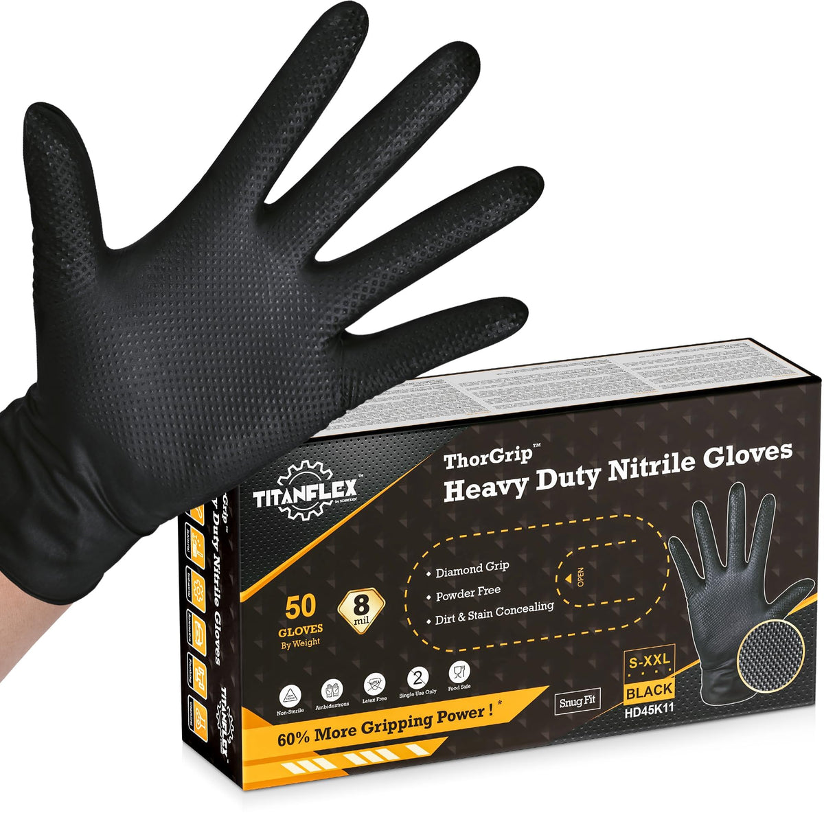TitanFlex Heavy Duty Black Industrial Nitrile Gloves with Raised Diamond Texture, Latex Free 8mil