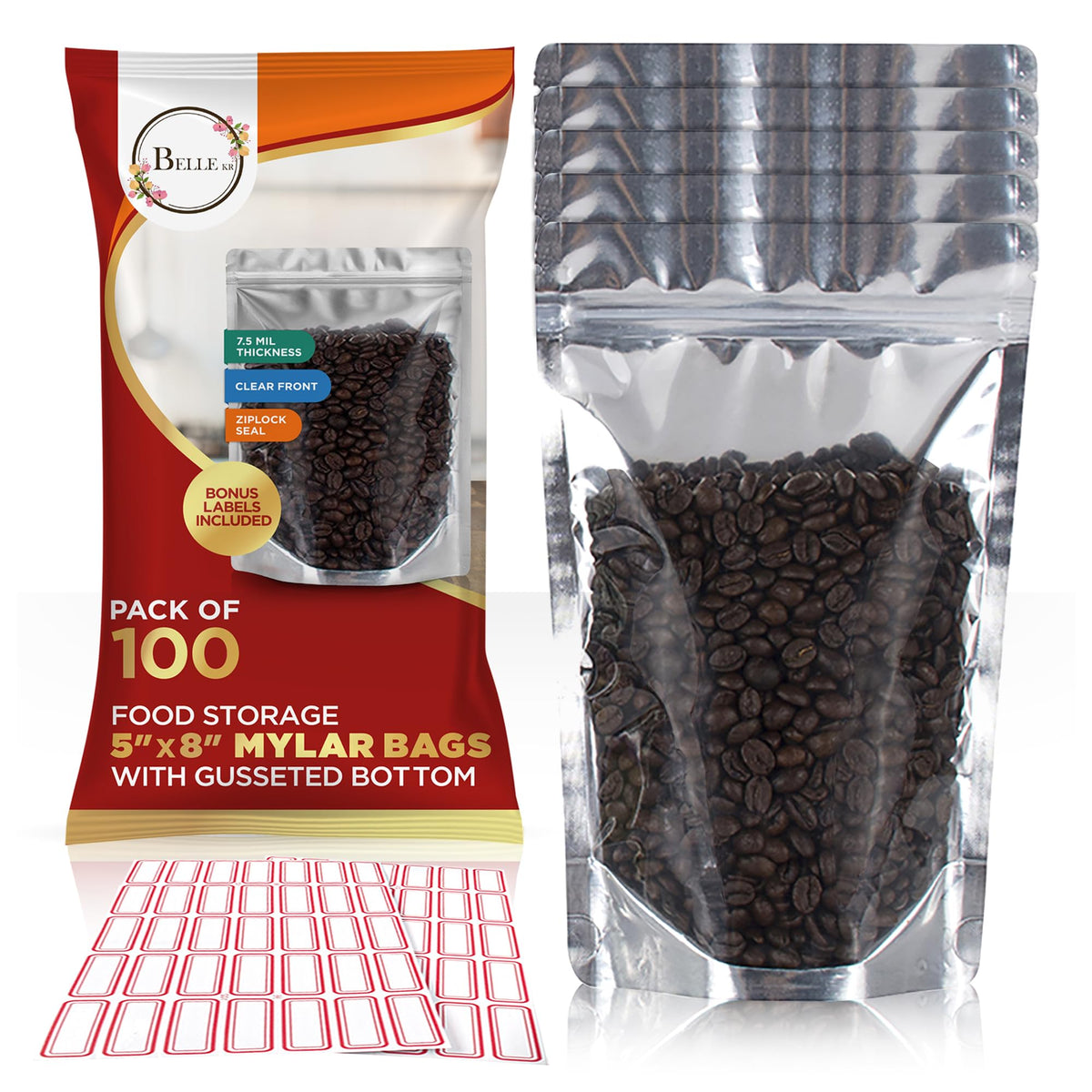 5x8 Mylar Bags for Food Storage - Pack Of 100-7.5mil Thickness