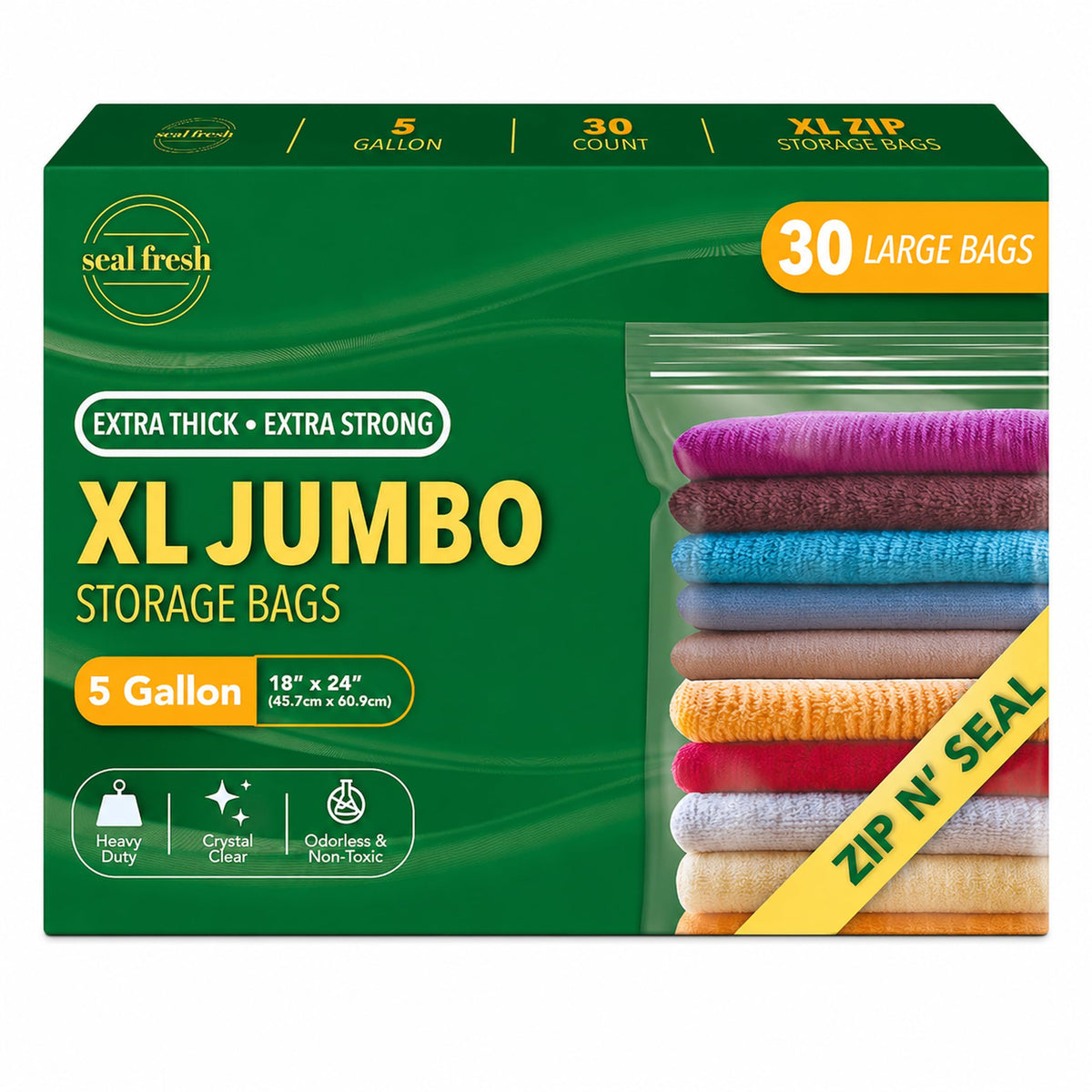 Seal Fresh 3 Gallon Large Plastic Storage Bags - 16 x 18 Inch (15 Count) - Reusable Write-On XXL Extra Large Big Oversized Clear Jumbo Zip Top Bags with Sealable Zipper for Clothes, Travel, Moving