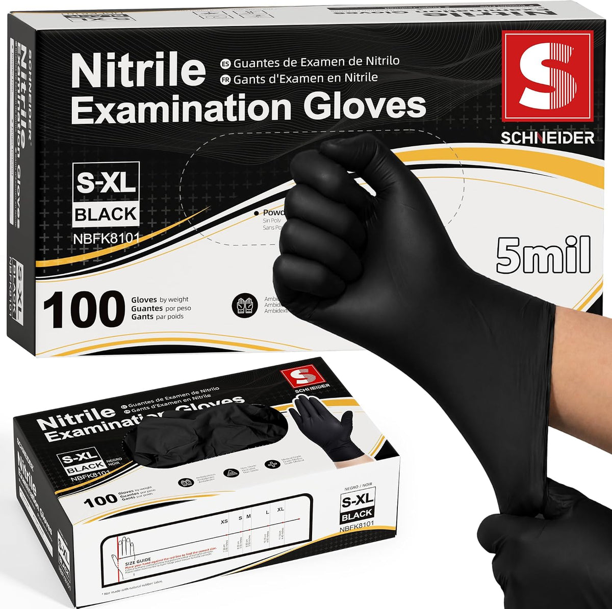 Schneider Black Nitrile Gloves, Gloves Disposable Latex Free, Powder Free