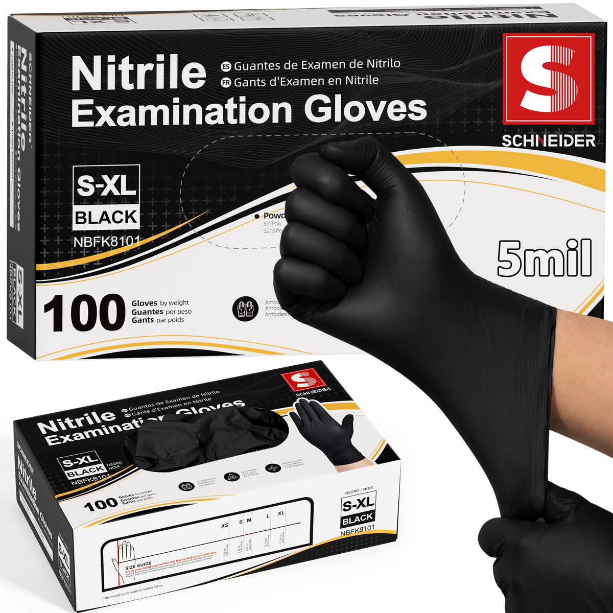 Schneider Black Nitrile Gloves, Gloves Disposable Latex Free, Powder Free