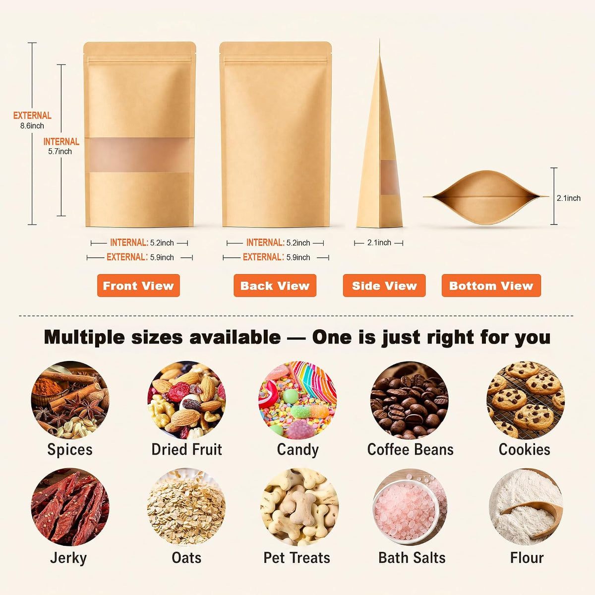 FireKylin 100 Pcs Resealable Bags, Matte Window, Paper, Brown,5.9 x 8.6 in