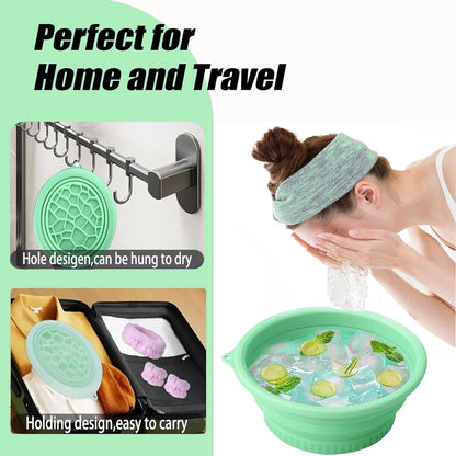 Foldable Face Ice Bath Bowl with Built-In Ice Tray (Green).