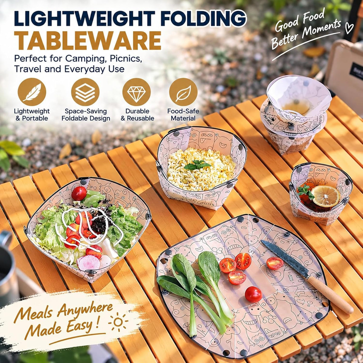 Collapsible Bowl and Plate Set with Cup, 3-Piece Portable Folding Tableware, Snap Button Fold-Flat Bowl, Plate and Cup for Camping Picnic Travel