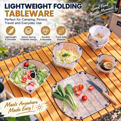 Collapsible Bowl and Plate Set with Cup, 3-Piece Portable Folding Tableware, Snap Button Fold-Flat Bowl, Plate and Cup for Camping Picnic Travel