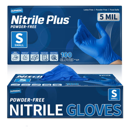 Supmedic Nitrile+ Disposable Gloves, 5 Mil Latex & Powder-Free Glove 100 Ct