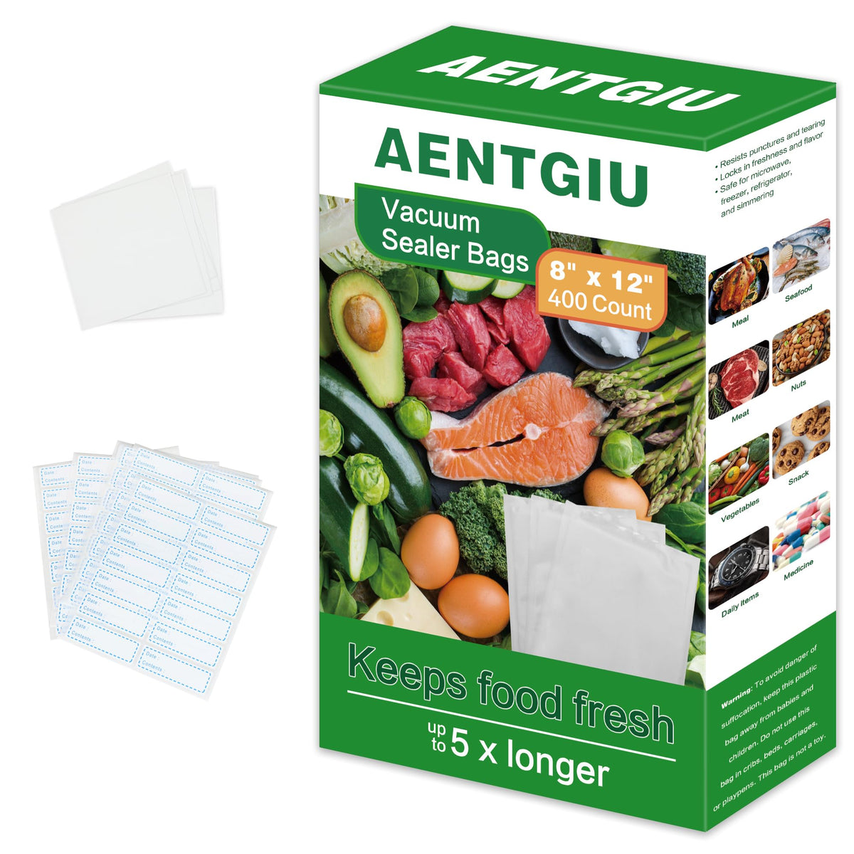 AENTGIU 200 Precut Vacuum Sealer Bags For Food, 8x12 Inch Thick BPA-Free