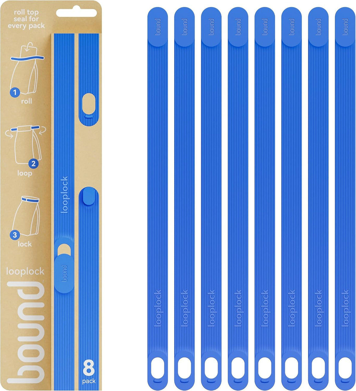 Bound Looplock Reusable Bag Sealer, Roll Top Food Storage Seal, 8 Pack, Blueberry