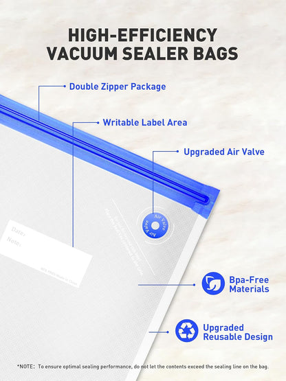 60 Pcs Reusable Vacuum Sealer Bags for Food, 3 Size BPA-Free Vacuum Storage Bags with Sealing Clips & Leak-Proof Design for Sous Vide Cooking, Freezer, Microwave Heating