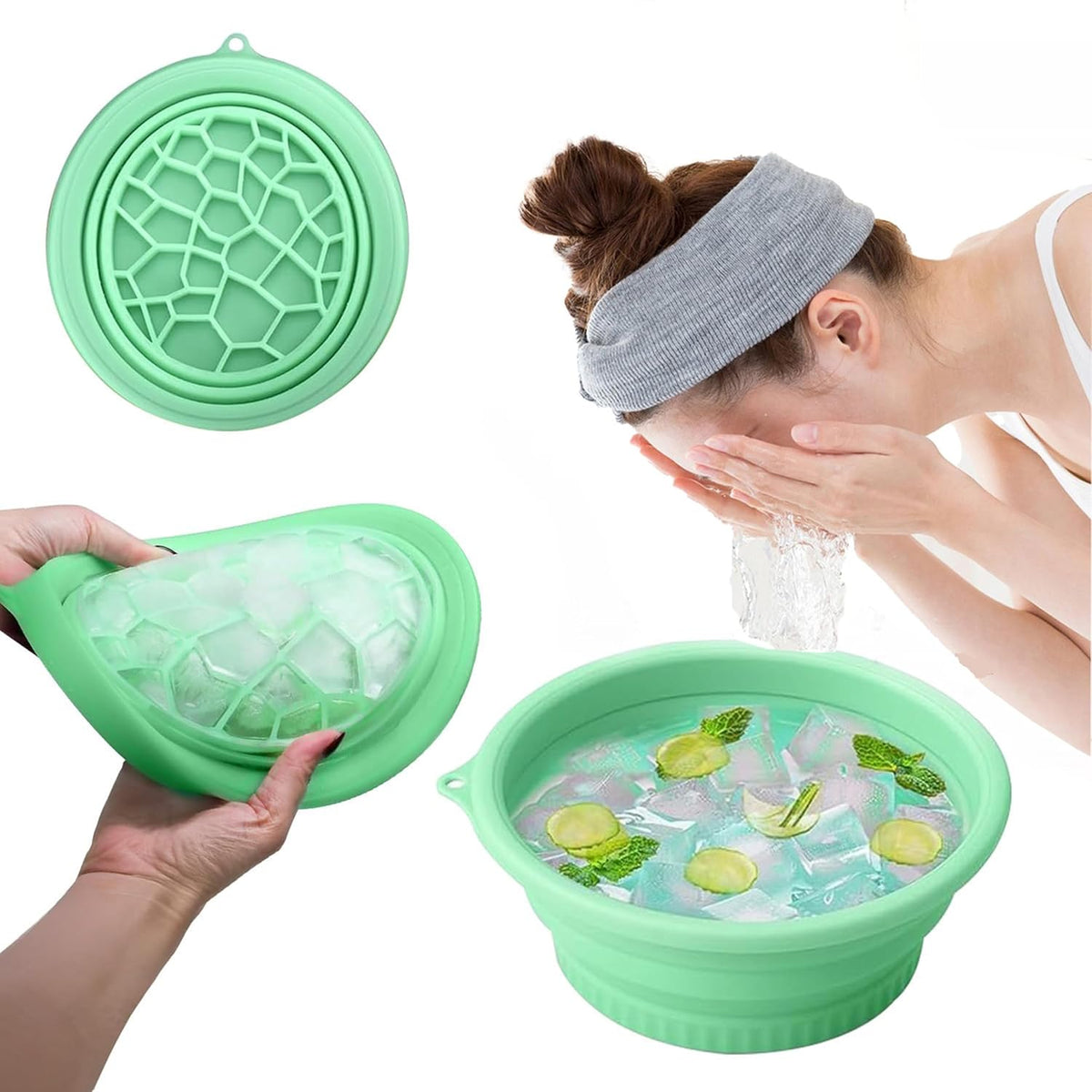 Foldable Face Ice Bath Bowl with Built-In Ice Tray (Green).