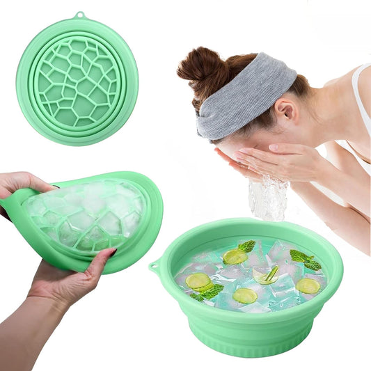 Foldable Face Ice Bath Bowl with Built-In Ice Tray (Green).