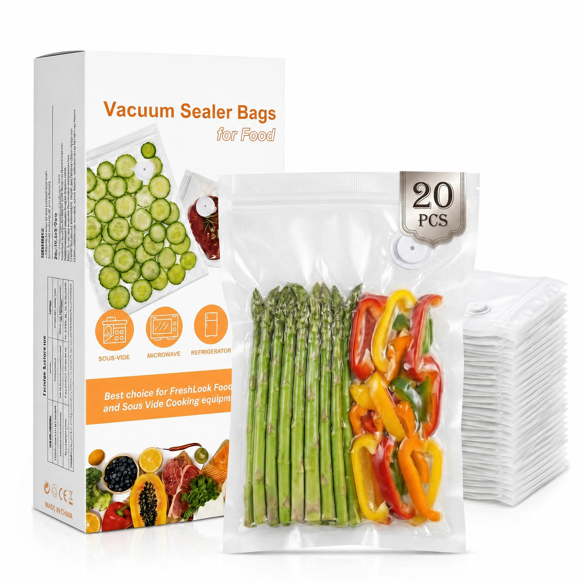 ZKIRON Wide Large Reusable Vacuum Sealer Bags for Food, 20 Pack, 12"x14"